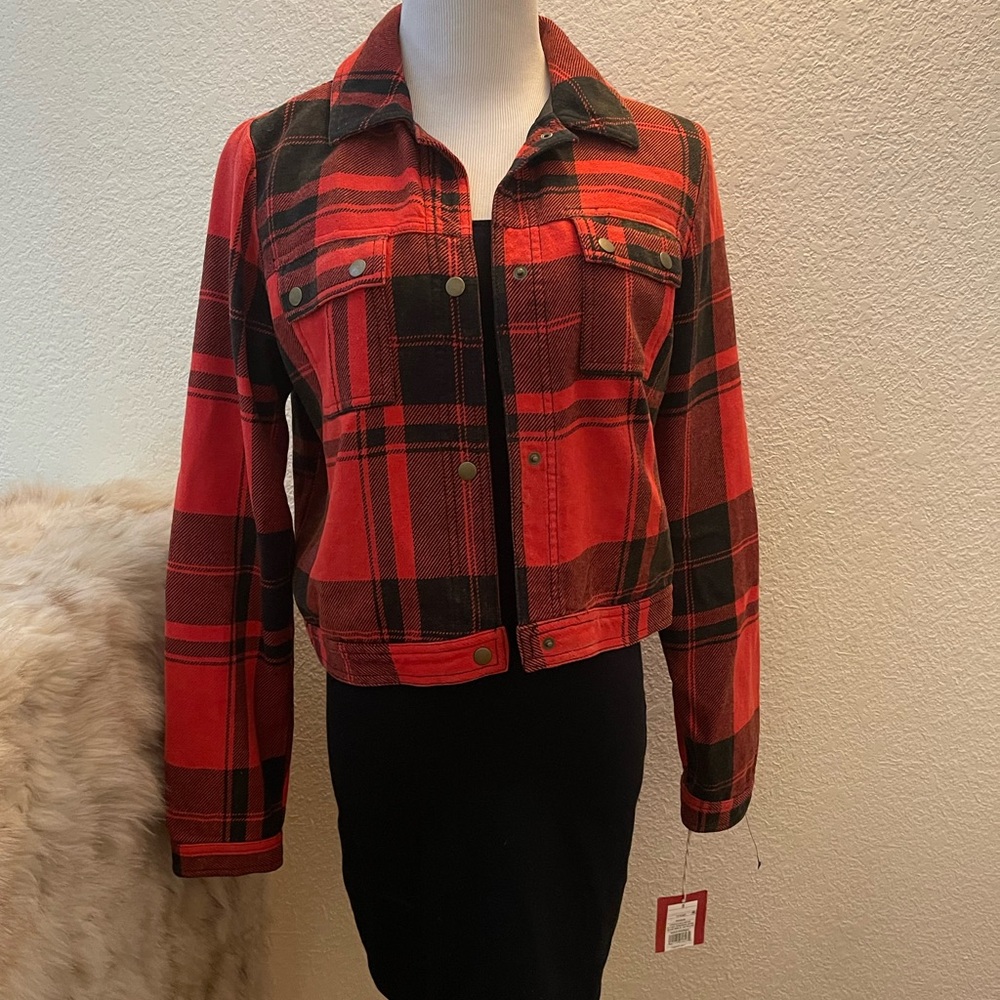 Mission Supply Co Red Black Plaid Cotton Cropped Jacket - Sz S (4/6)